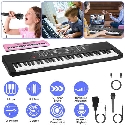 61 Keys Digital Music Keyboard Electric Piano Electronic Musical Instrument Kids Learning Keyboard with Microphone for 3-12 Year Old Kids Girls Boys