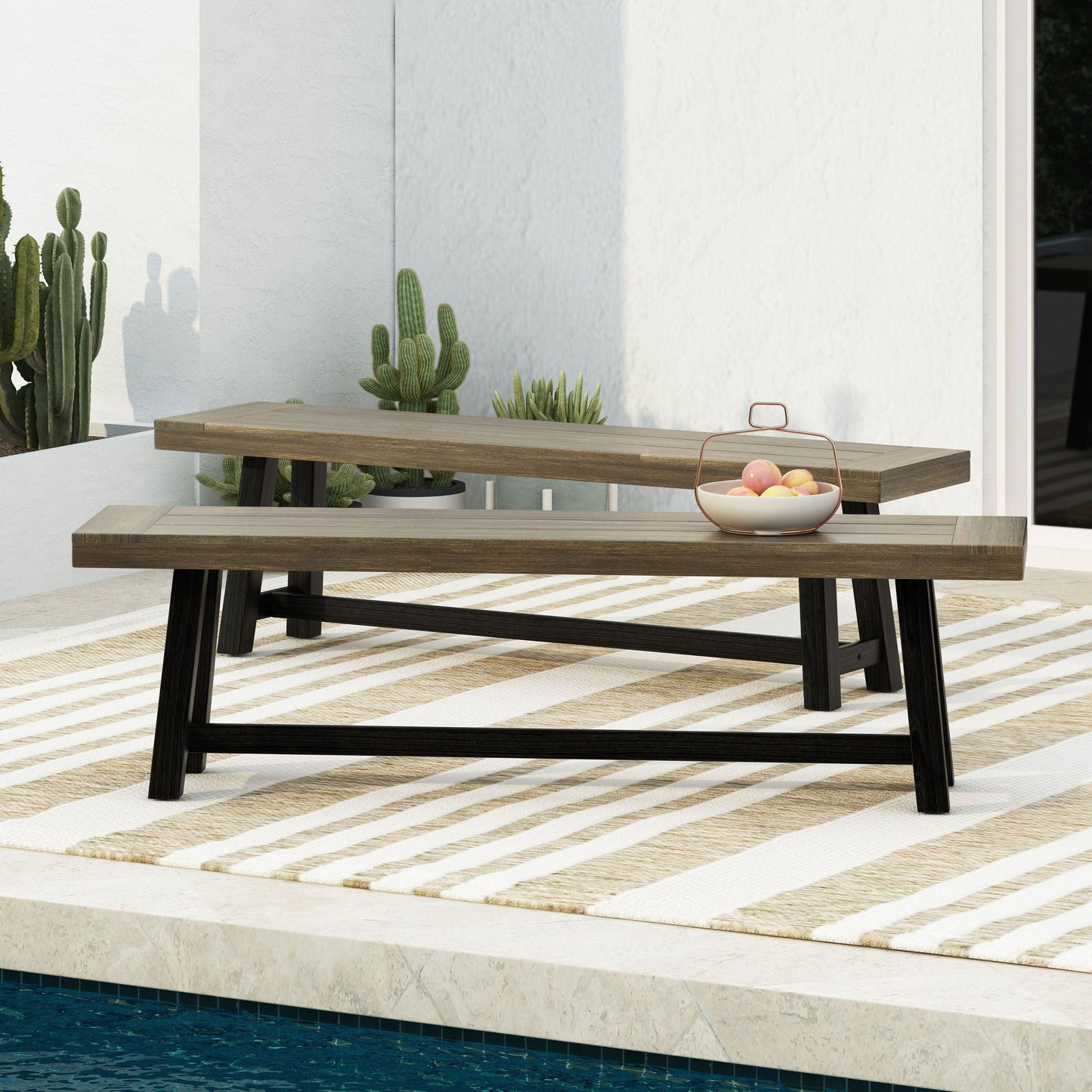 Cloud Outdoor Bench With Acacia Wood Frame And Slat Panel Design