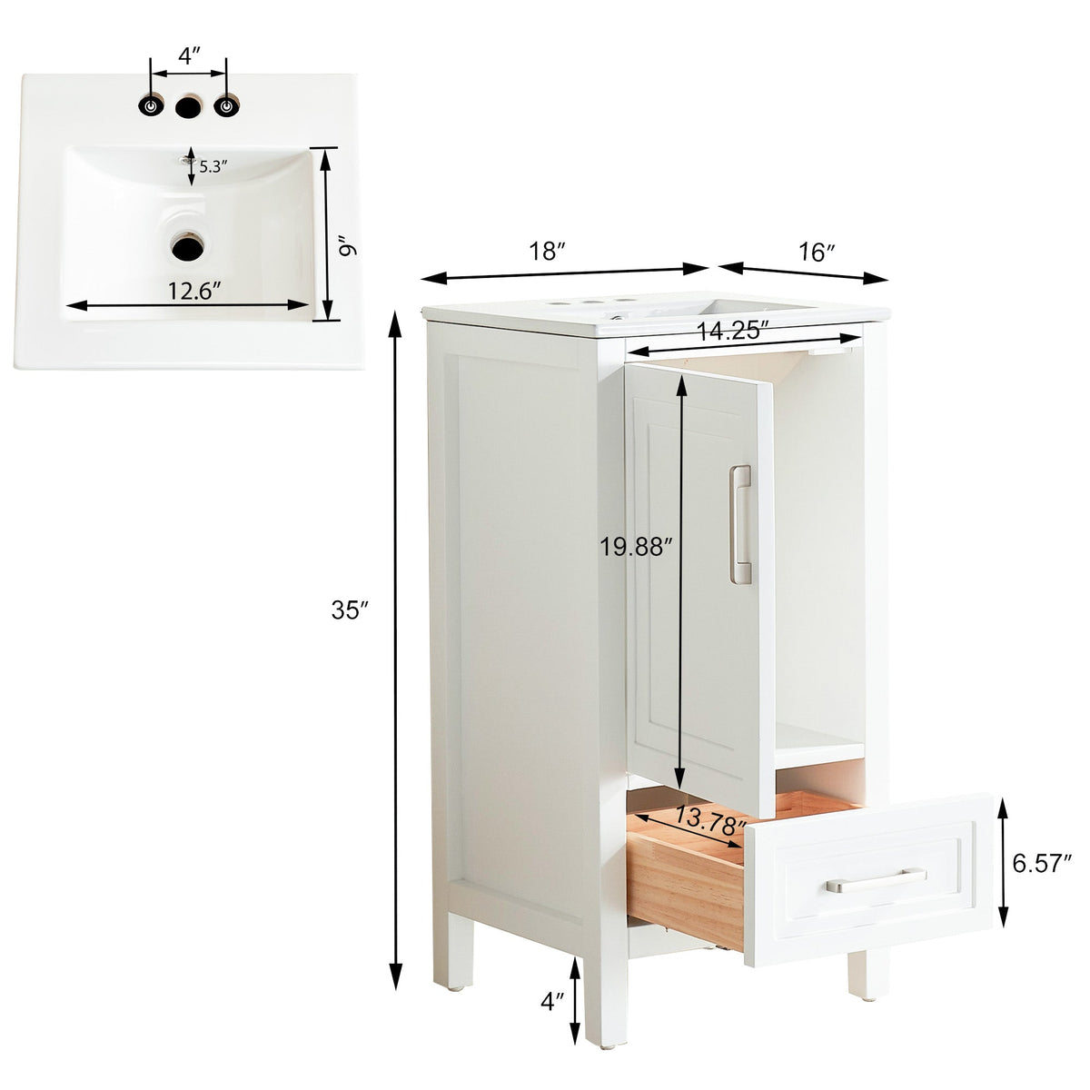 Fully Assembled 18'' Bathroom Vanity with Custom Handles - Solid Wood