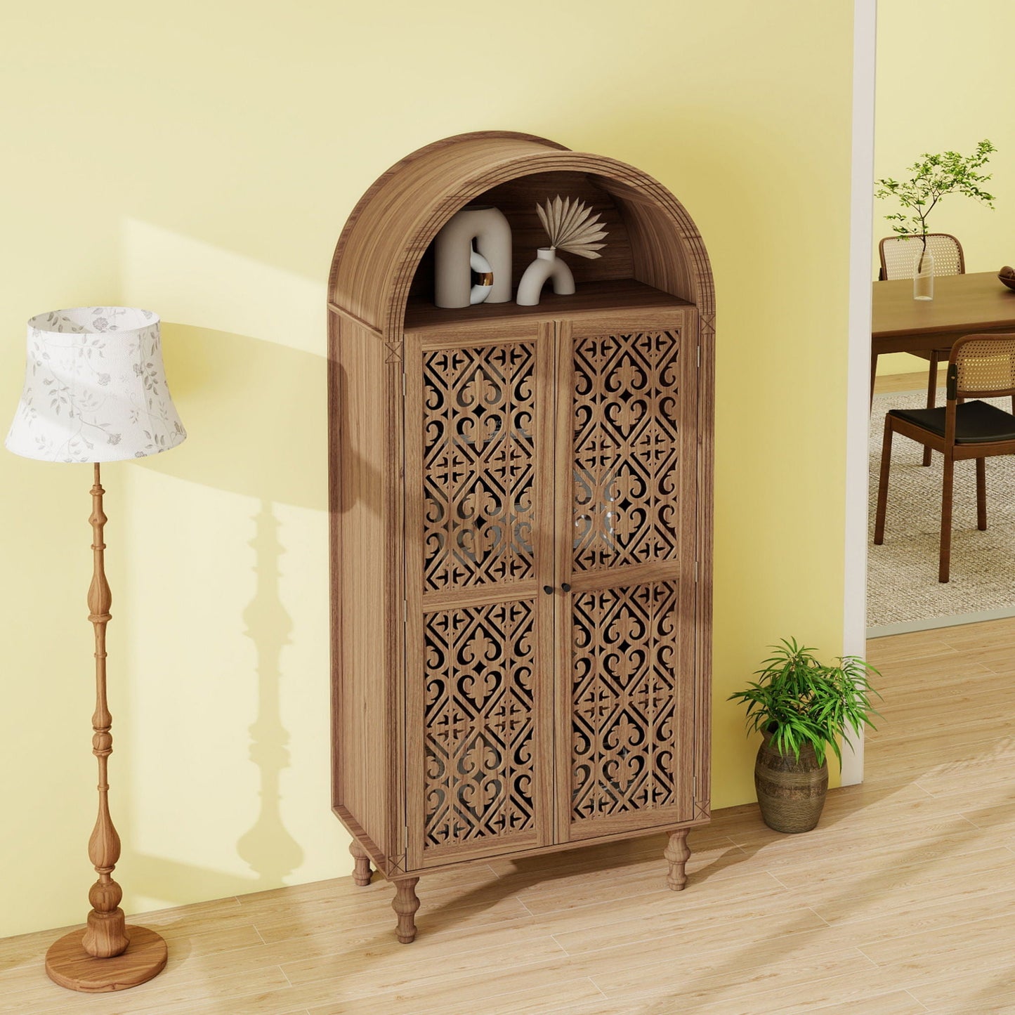 Tall Kitchen Pantry Cabinet With Hollow Carved Doors Adjustable Shelves Versatile Storage Cabinet For Kitchen - Walnut