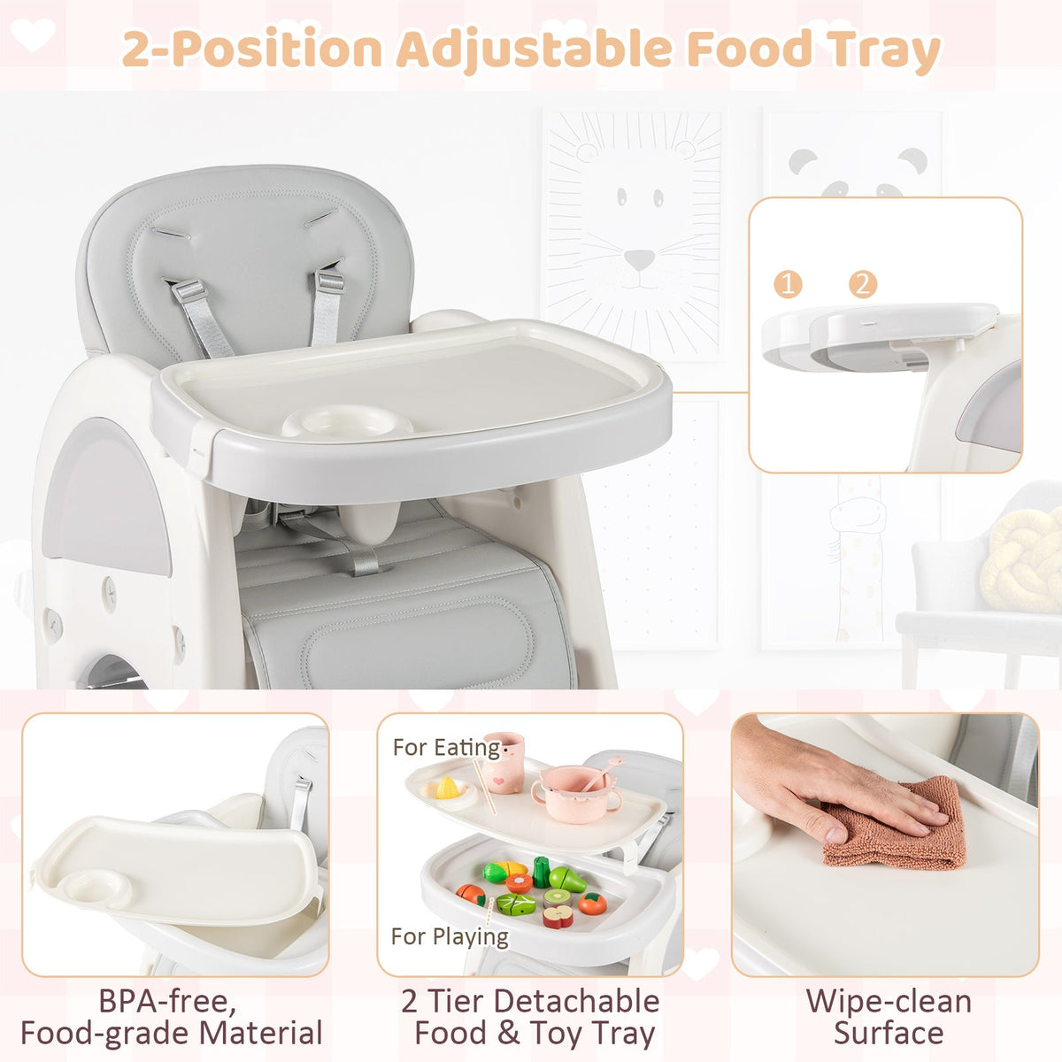 Convertible Baby High Chair with Double-layer Tray and Adjustable Backrest