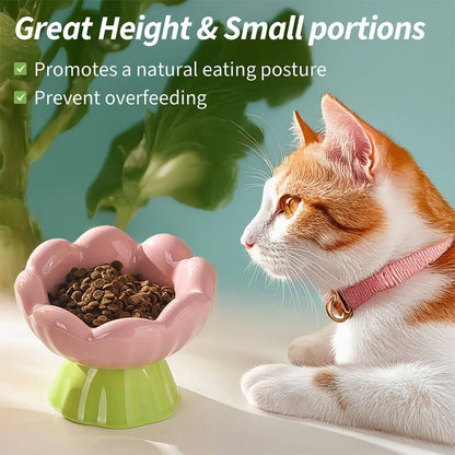 Ceramic Raised Cat Bowl Shallow Wide, Anti-Vomiting And Whisker Fatigue, Non-Slip, Tilted Cute Flower Cat Food And Water Bowls For Indoor Cats, Pink