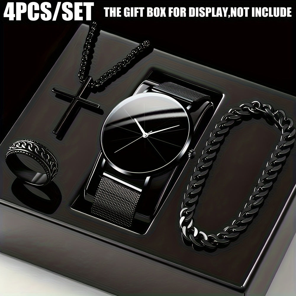 Men's Fashion Watch Ring Necklace Bracelet Set - Stainless Steel Jewelry Collection for Daily Wear