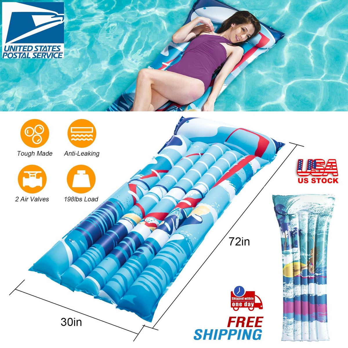72" Inflatable Pool Float Raft Float Lounge Swimming Pool Mat with Pillow Air Mat Mattress for Adults & Kids