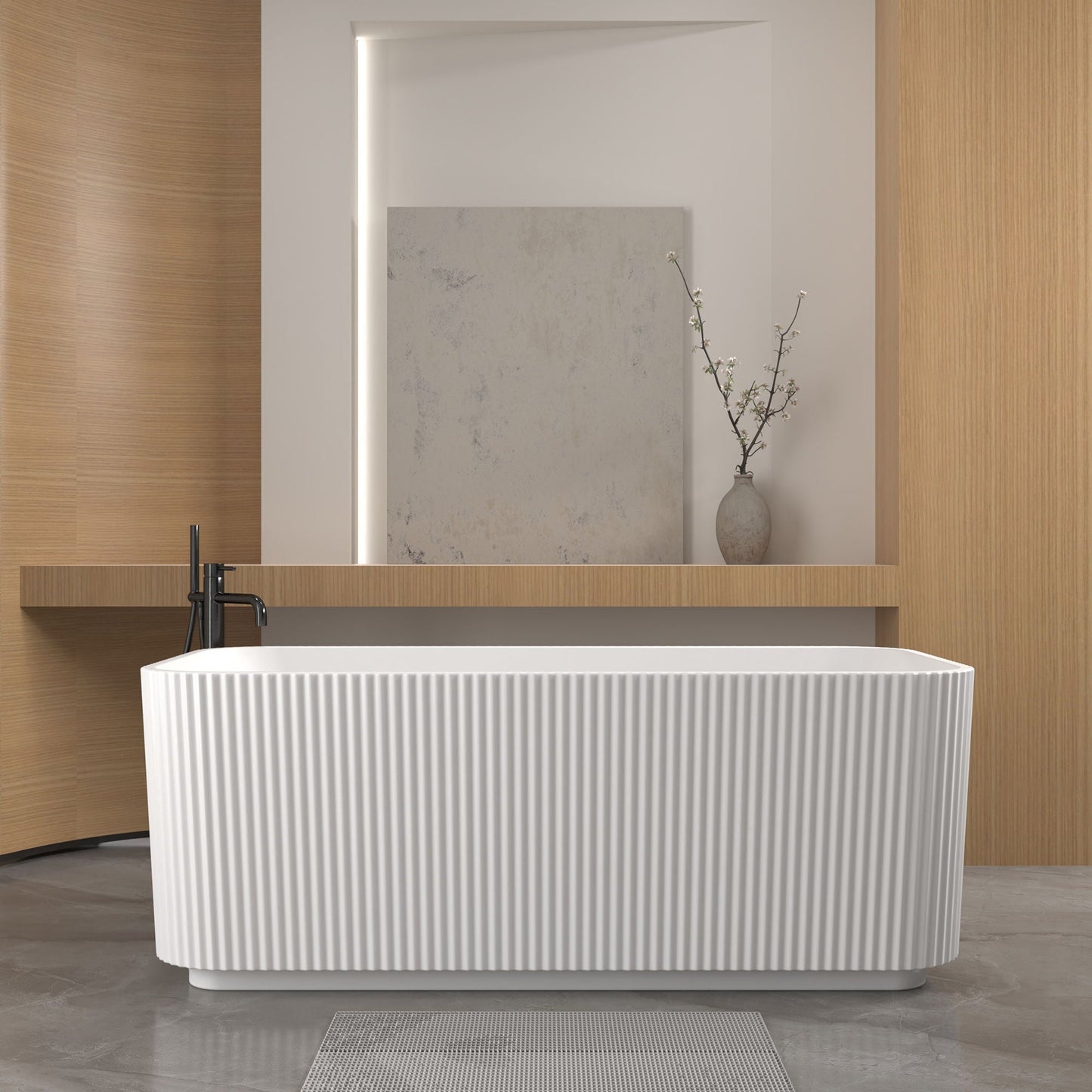 Rectangle Linear Freestanding Soaker Tub With Pop Up Drain, Double Wall Insulated Construction - Gloss White