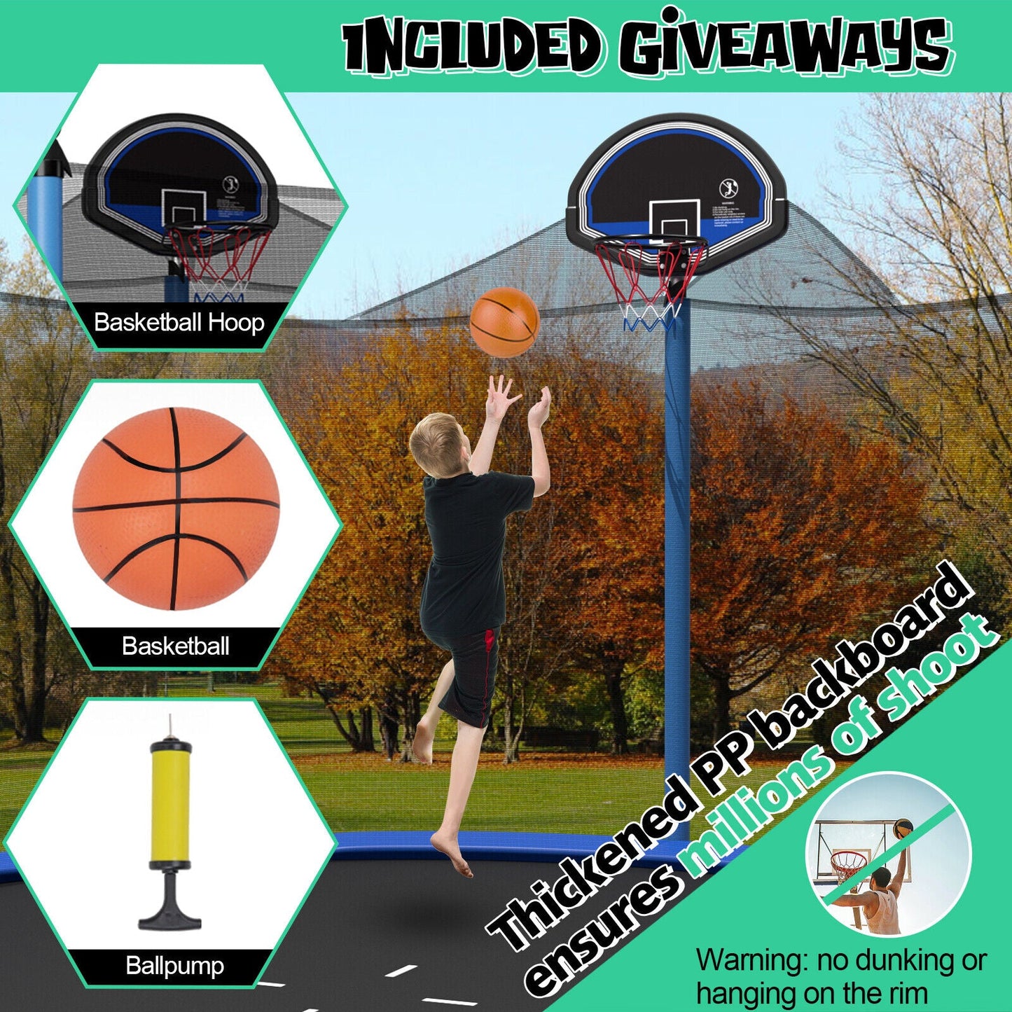 12/14/15/16 Feet Outdoor Recreational Trampoline with Ladder and Enclosure Net-15 ft