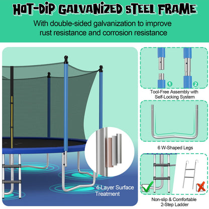 12/14/15/16 Feet Outdoor Recreational Trampoline with Ladder and Enclosure Net-15 ft