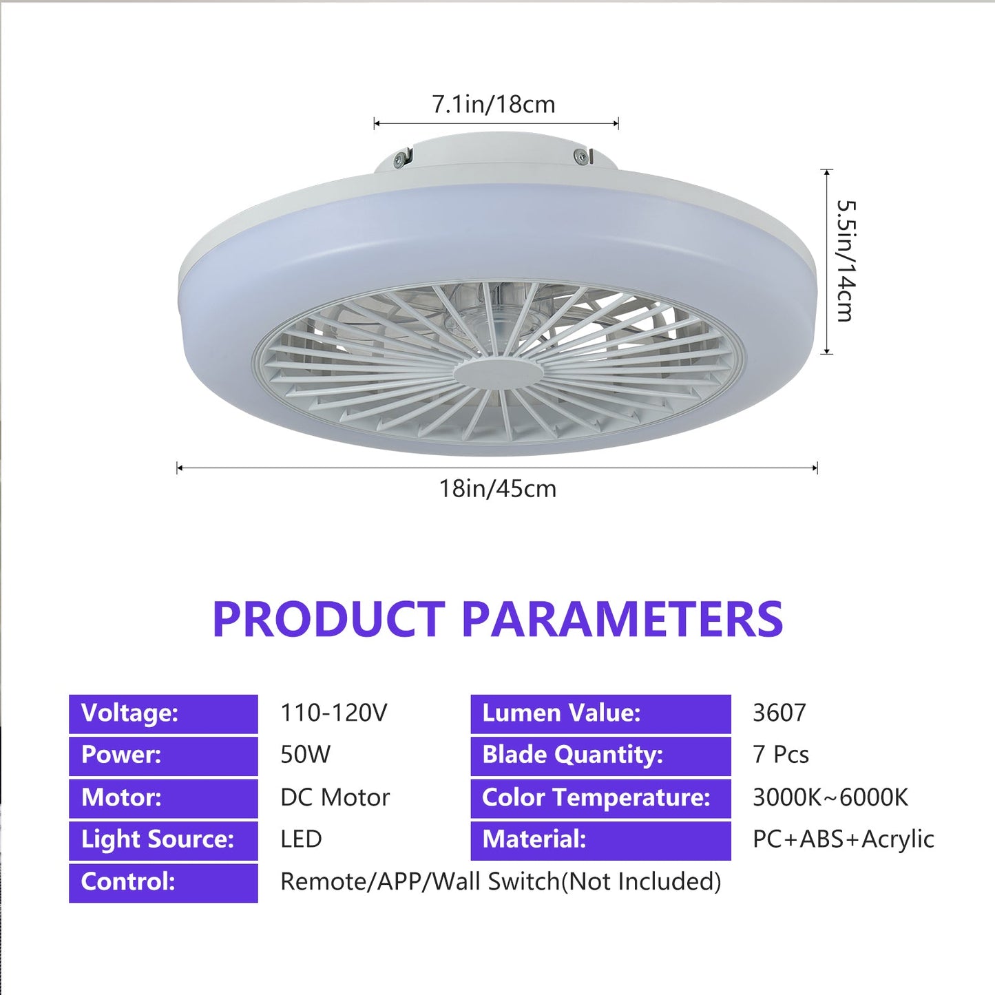 18 Inch Ceiling Fan with RGB Light and Remote Control