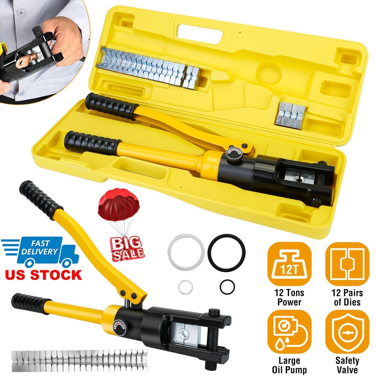12 Ton Hydraulic Wire Crimper Professional Terminal Crimping Pliers Battery Cable Lug Crimping Tool Set W/ 12 Dies