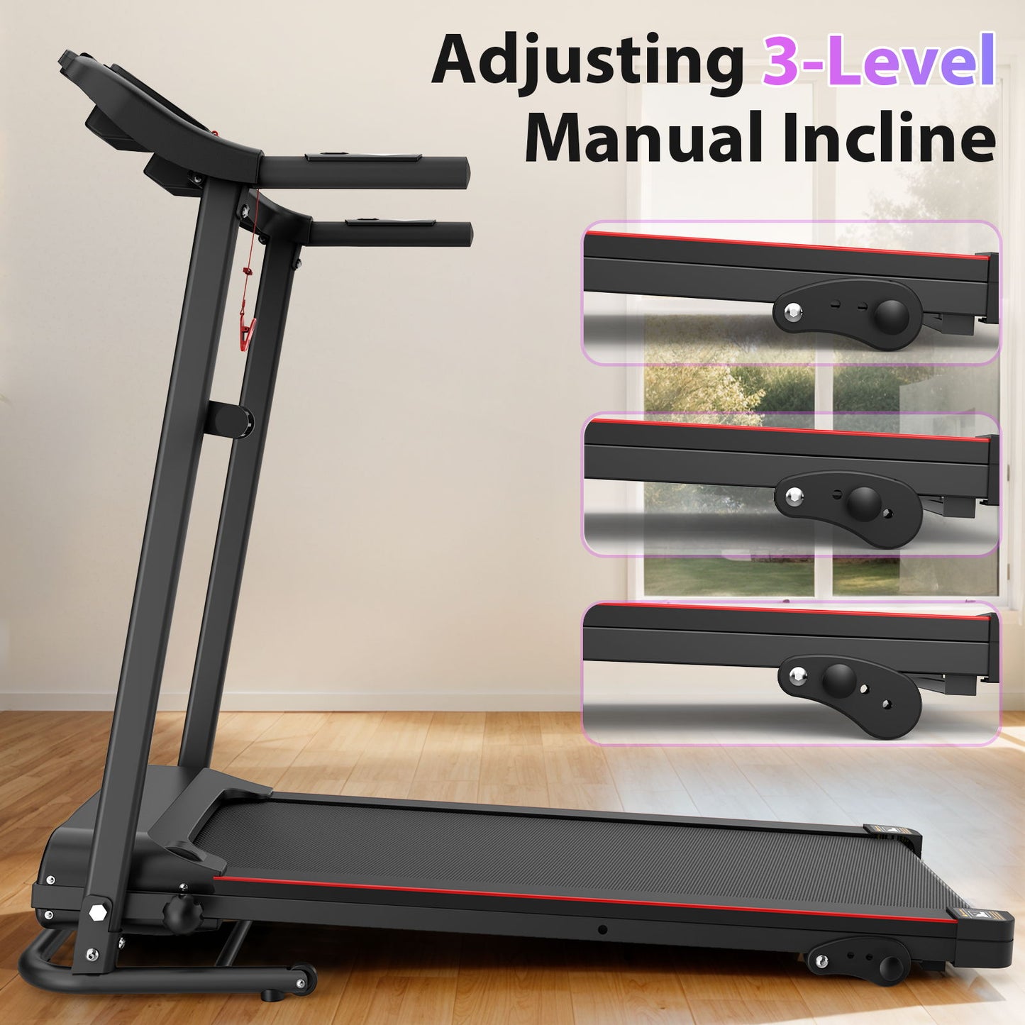 Foldable Electric Treadmill With 2.5Hp Motor, 12Km / H Speed, 3 Incline Levelstooth Music, Heart Rate Sensor, Spacious Running Belt For Indoor - Black