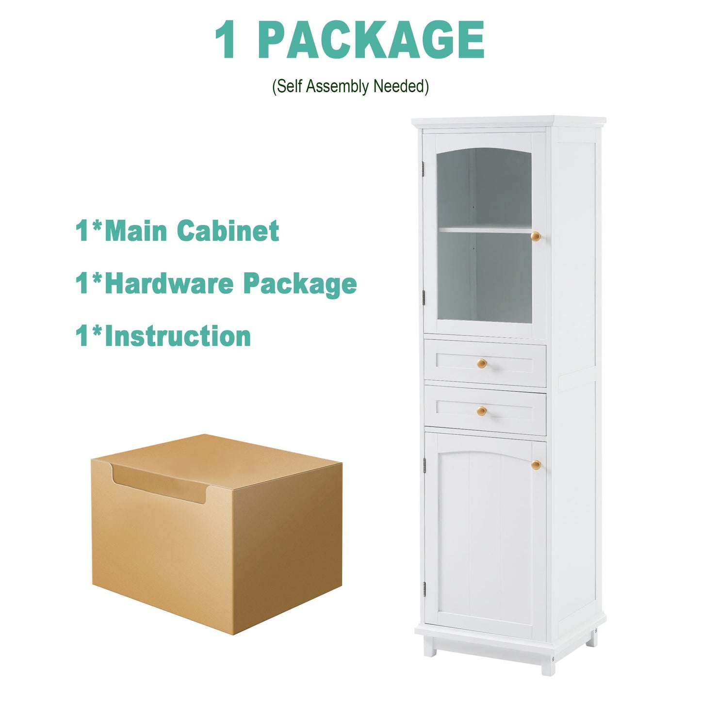 Tall Bathroom Storage Cabinet With Glass Doors, Free-Standing, Two Drawers, And Adjustable Shelves, Board, Painted Perfect For Displaying Your Favorite Items