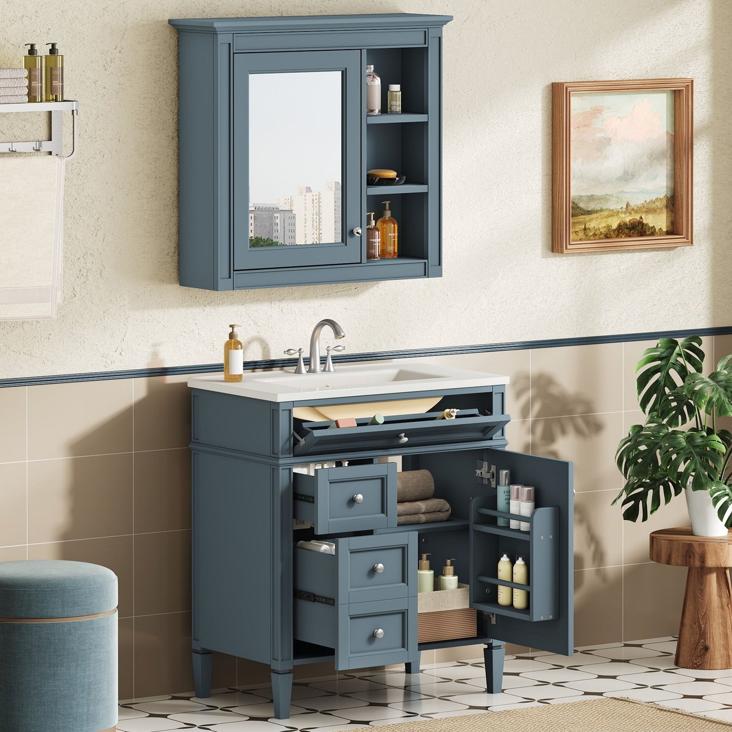 Bathroom Vanity With Medicine Cabinet, Royal Mirror Cabinet, Modern Bathroom Storage Cabinet With 2 Soft Closing Doors And 4 Drawers