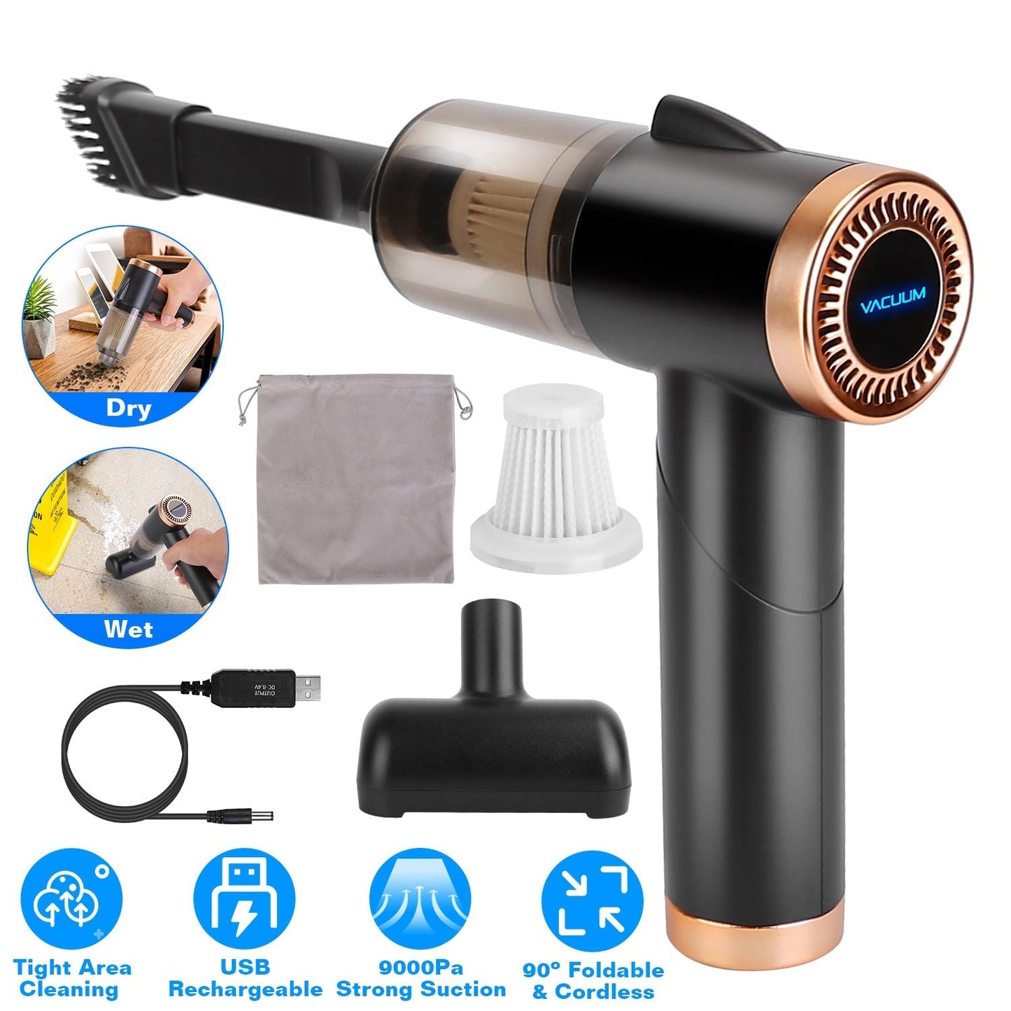 3 In 1 Cordless Handheld Vacuum Cleaner with Searchlight 120W 9000PA Portable Foldable Rechargeable Vacuum Car Home Duster with Brush Nozzle Long Nozz