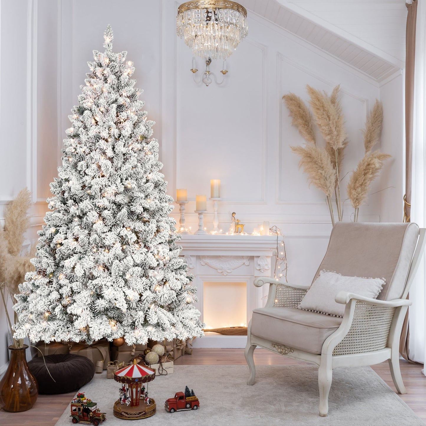 6FT Flocked Christmas Tree with 350 UL Lights and 35 Pine Cones