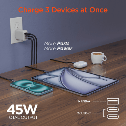 HyperGear SpeedBoost 45W USB-C PD Tri-Port GaN Fast Wall Charger with PPS