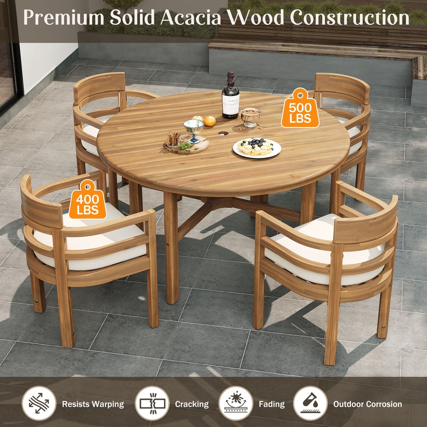 5 Piece Round Patio Table & Cushioned Armrest Chairs, Outdoor Dining Set With Umbrella Hole