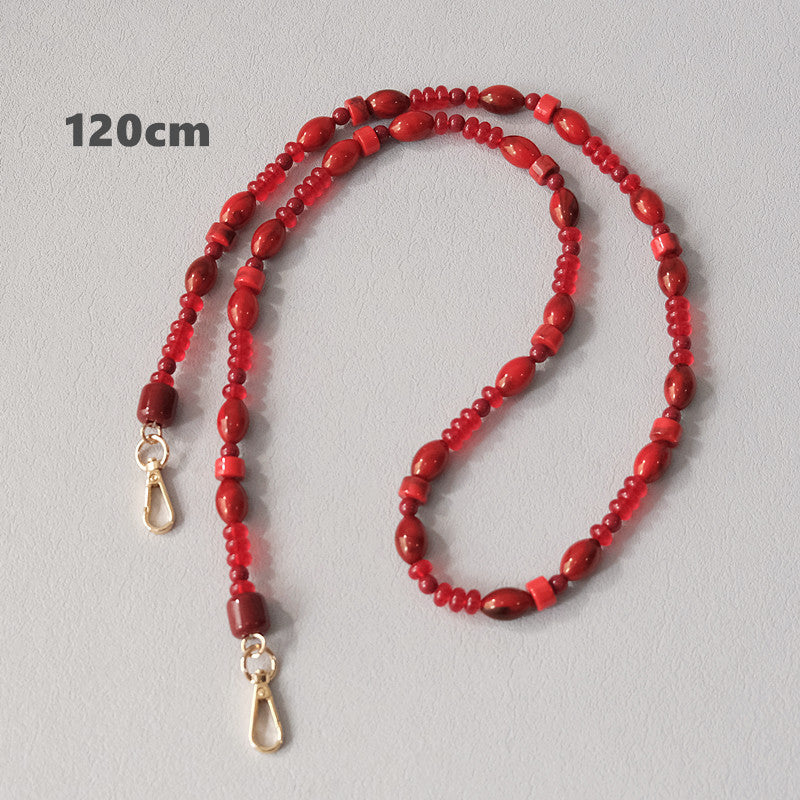 Fashionable Red Beaded Chain Accessory Crossbody Lanyard Bag