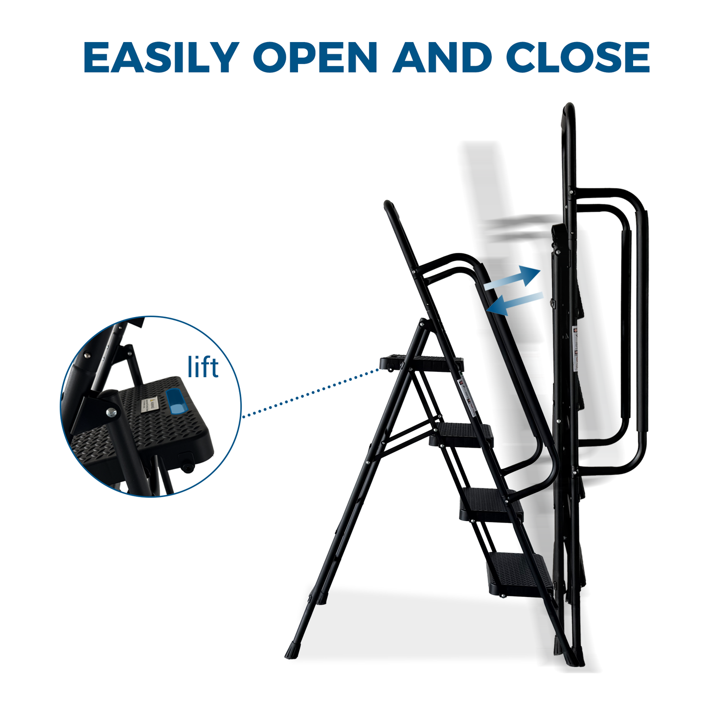 4 Step Folding Steel Ladder with Anti-Slip Pedals and Handrail