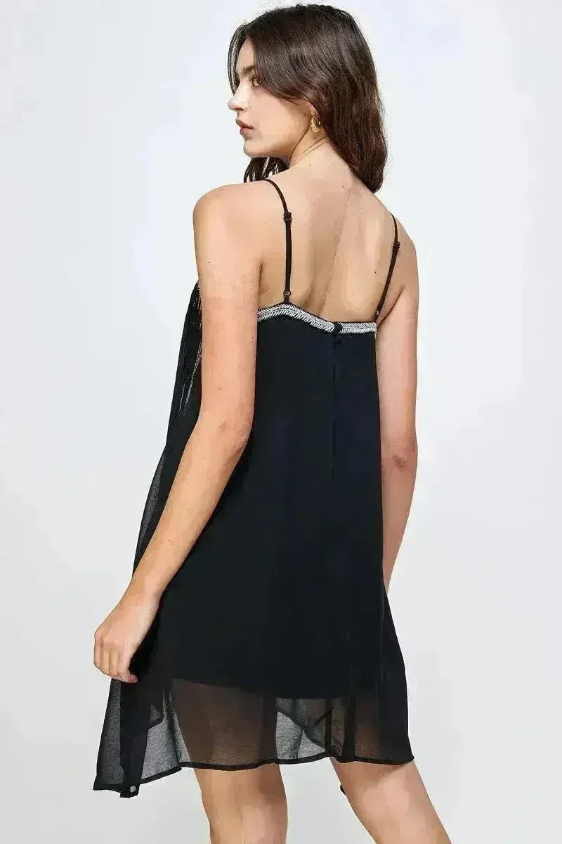Chiffon A-Line Mini Dress Metallic Fringe - Femstylo