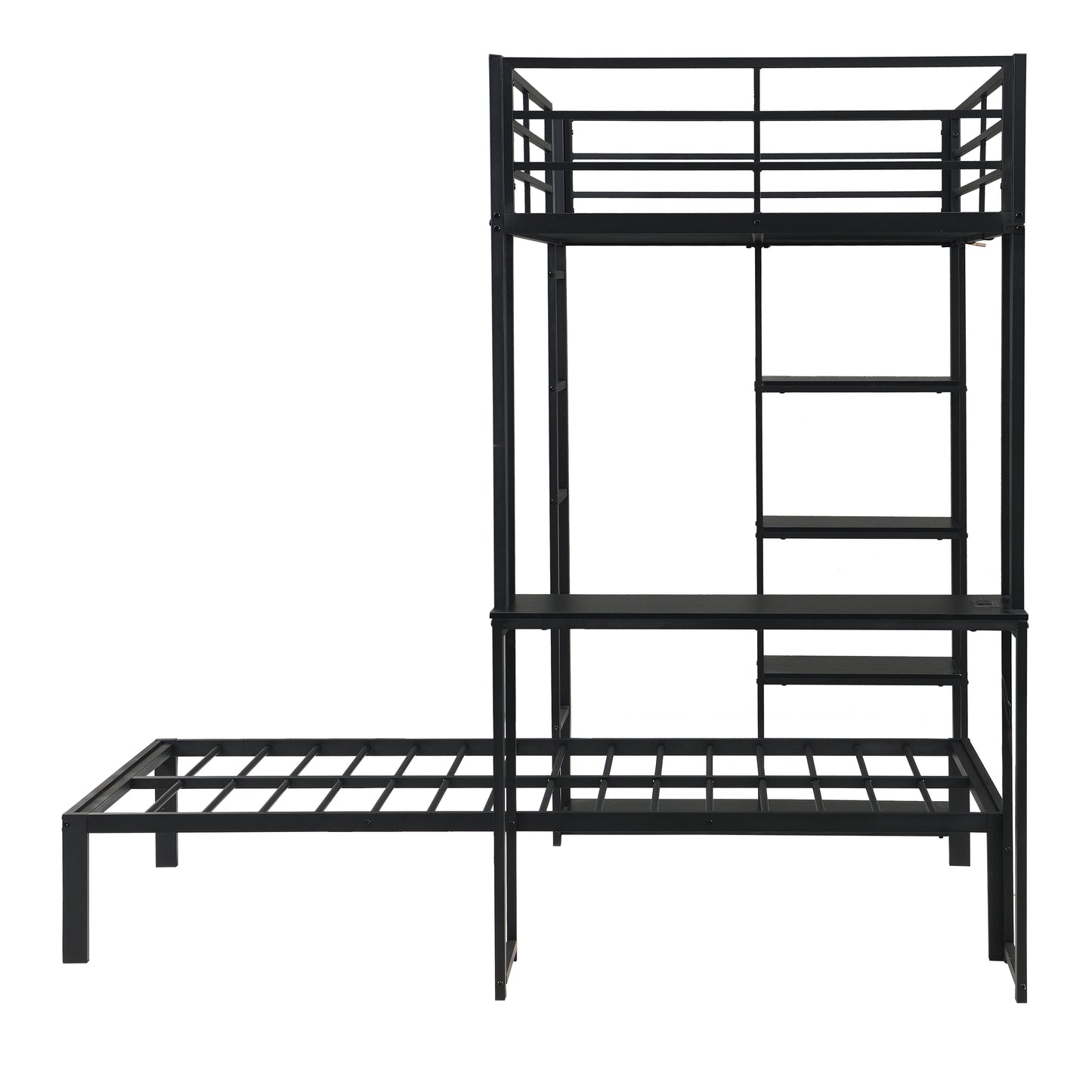 Metal Loft Bed Frame with LED Light Strip, Side Storage Shelves & Built-in Desk