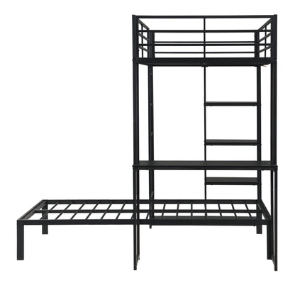 Metal Loft Bed Frame with LED Light Strip, Side Storage Shelves & Built-in Desk