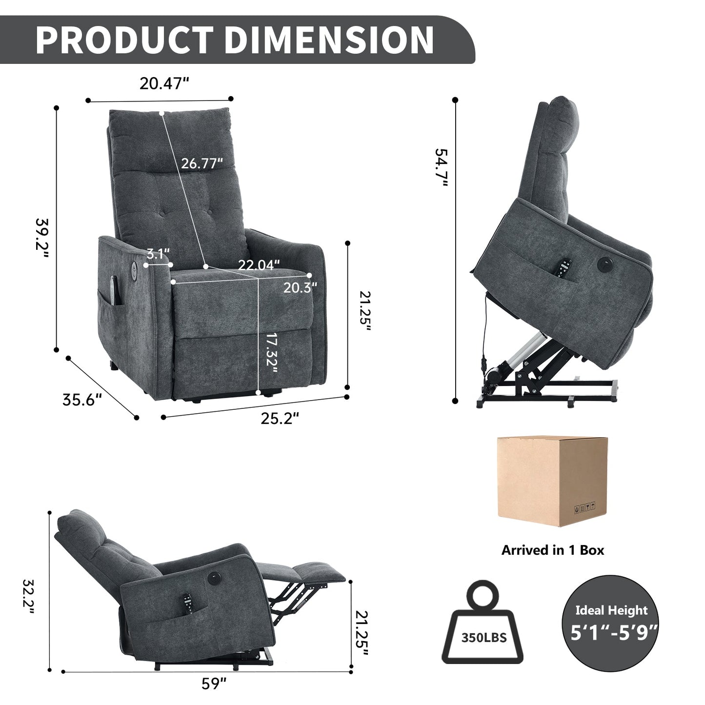 Grey Chenille Single Motor Power Lift Recliner Chair