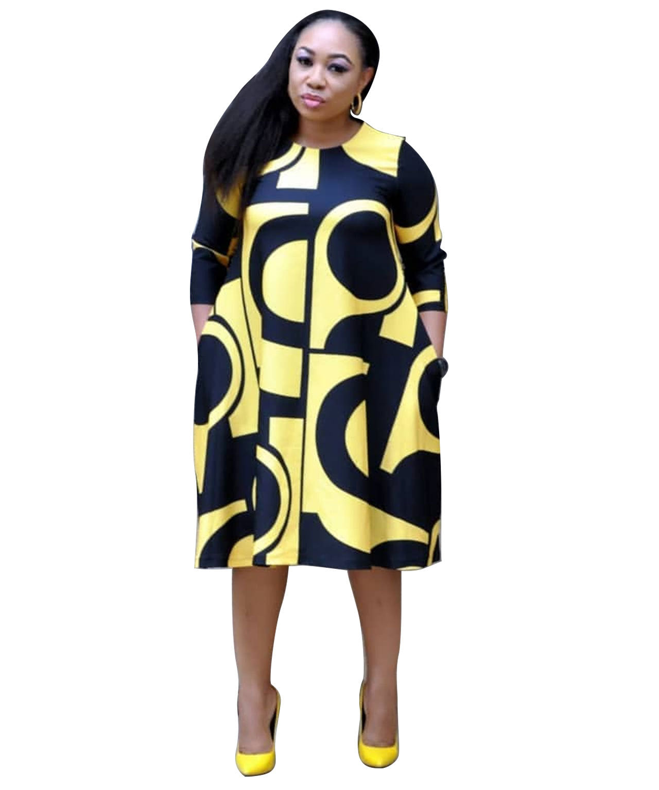 Women's fashionable Purple Printed Round Neck Mid Sleeve Plus Size Dress