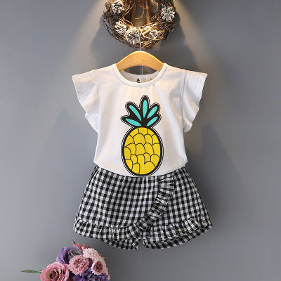 Girls Pineapple Top Striped Culottes Two-piece Suit