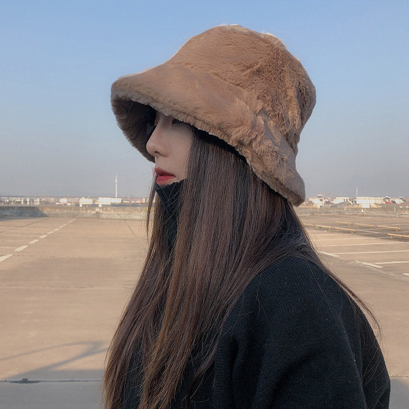Winter Women's Thickened Imitation Rabbit Fur Flat Top Japanese Fisherman Hat