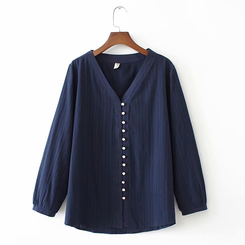 Plus Size Women's Fall Single-Breasted Long-Sleeved V-neck Bottoming Shirt Shirt