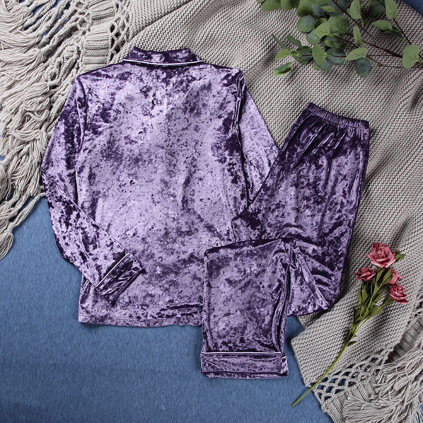 Purple Gold Velvet Women's Pajamas Set Long Sleeved Lapel Home Service Two Piece Suit