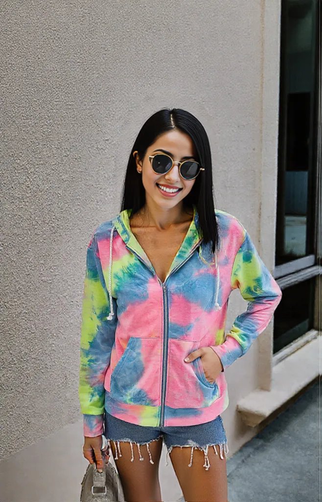 New Products Source Autumn  American Tie-Dye Printed Zipper Hooded Jacket Women WT203S3075