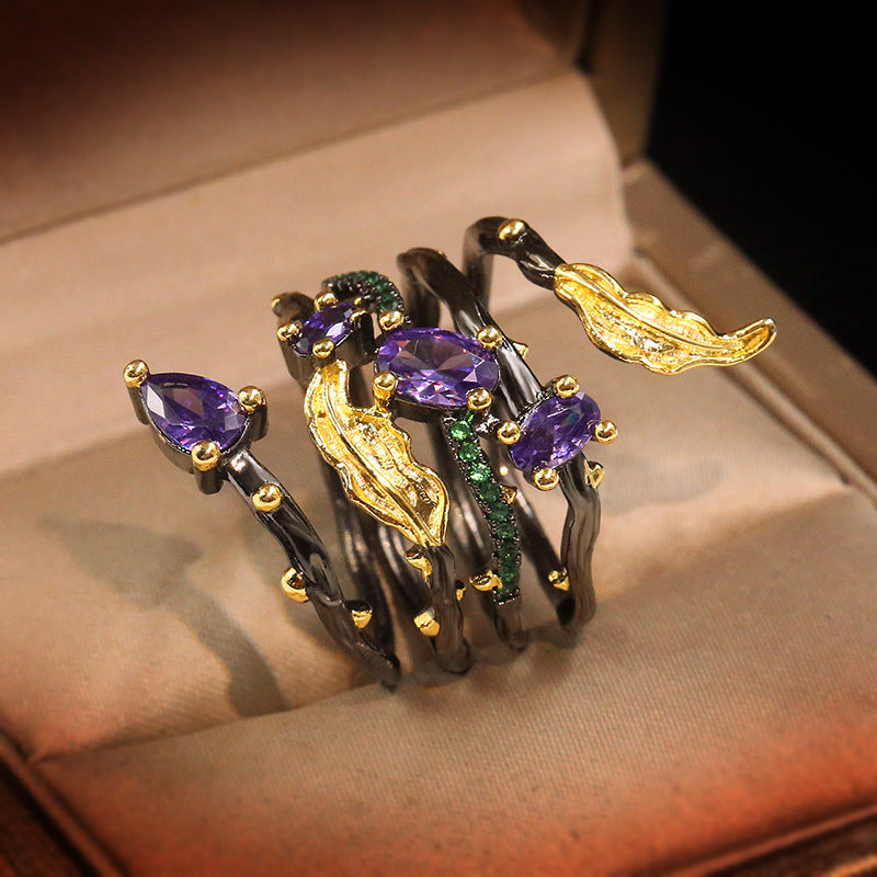 Black Gold Two-Tone Inlaid Purple Zircon Spring Ring