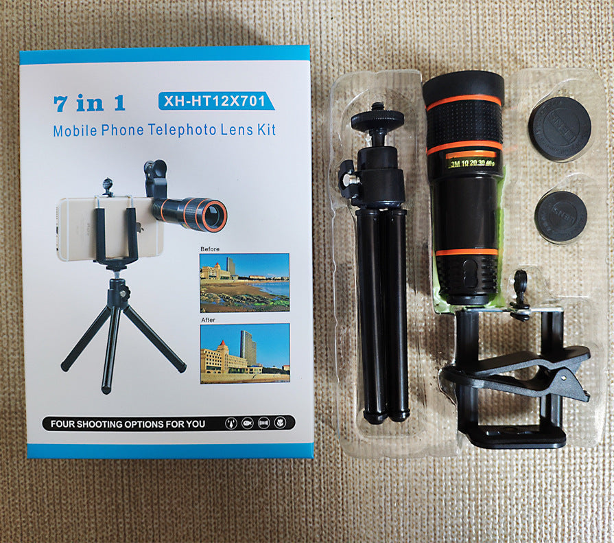Compatible with Apple Mobile Phones, 12X Telephoto Lens Set with Tripod, U-Shaped Clip, Wide-Angle, and Macro Fisheye