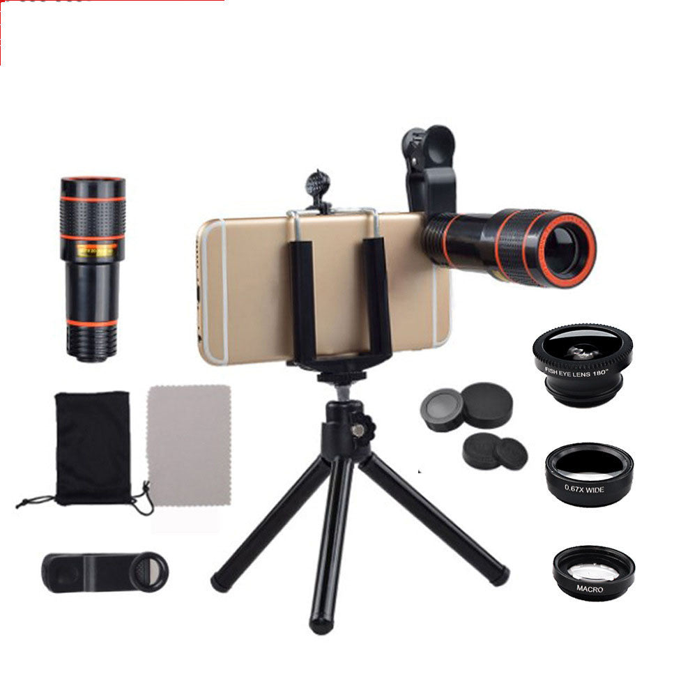 Compatible with Apple Mobile Phones, 12X Telephoto Lens Set with Tripod, U-Shaped Clip, Wide-Angle, and Macro Fisheye