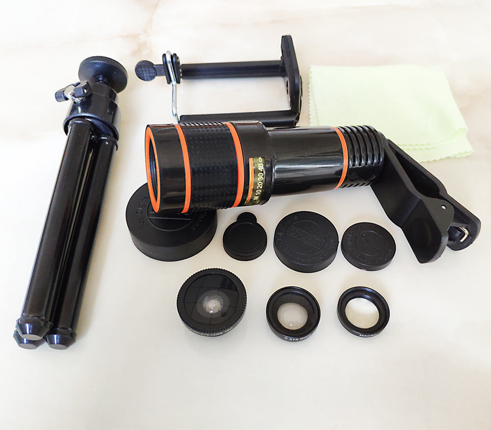 Compatible with Apple Mobile Phones, 12X Telephoto Lens Set with Tripod, U-Shaped Clip, Wide-Angle, and Macro Fisheye