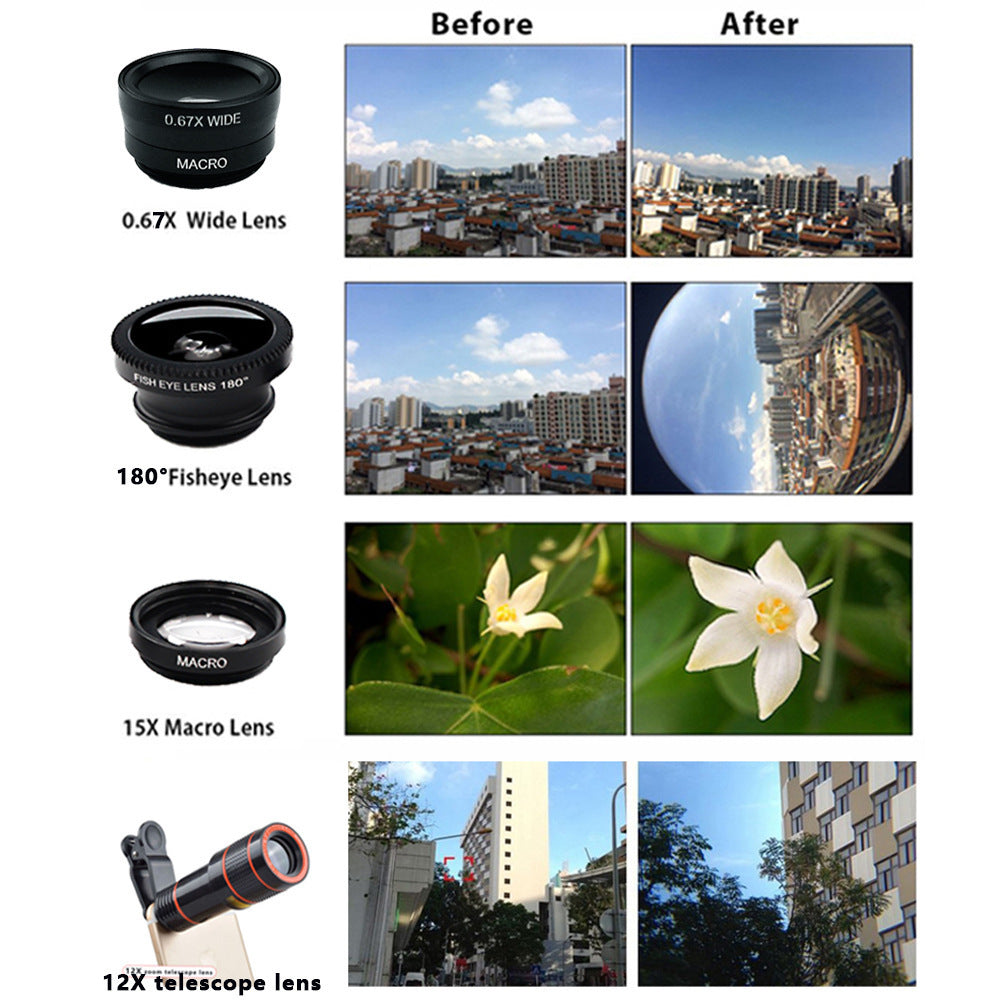 Compatible with Apple Mobile Phones, 12X Telephoto Lens Set with Tripod, U-Shaped Clip, Wide-Angle, and Macro Fisheye