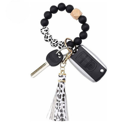 PU Tassel Keychain Bag charm Silicone Beaded Keychain Wristlet Key Ring Bracelet Cute Car Key Chain Holder for Women Girls