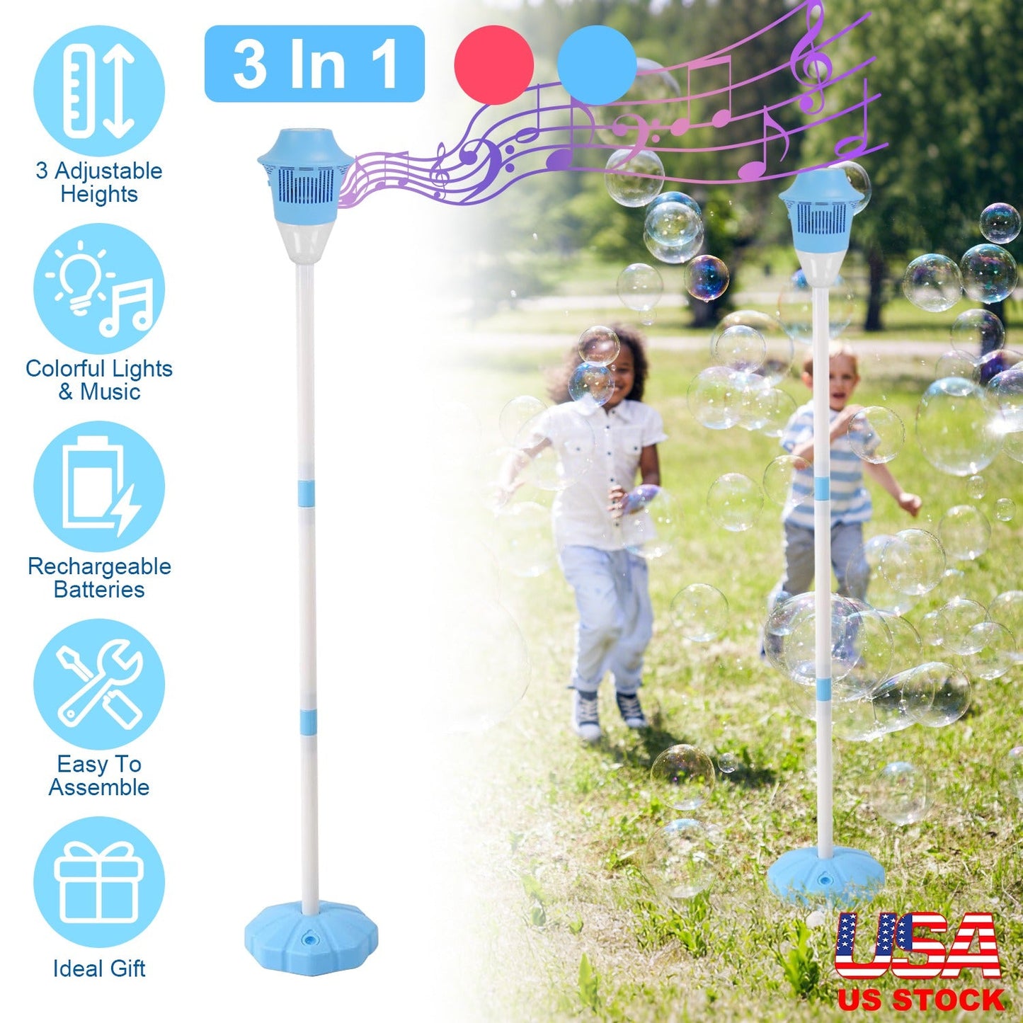 Standing Bubble Machine with Lights & Music - 3 Heights