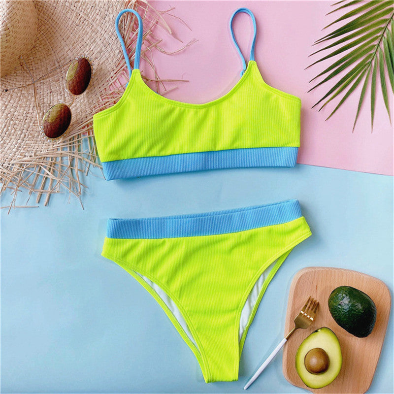 Women's High Waist Bikini Sexy Rib S-XL Two-Piece Set