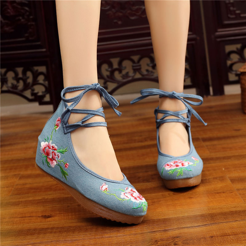 Shoes Women Lace Up Embroidered Shoes With High Slope Style Dancing Shoes Single Cloth Shoes