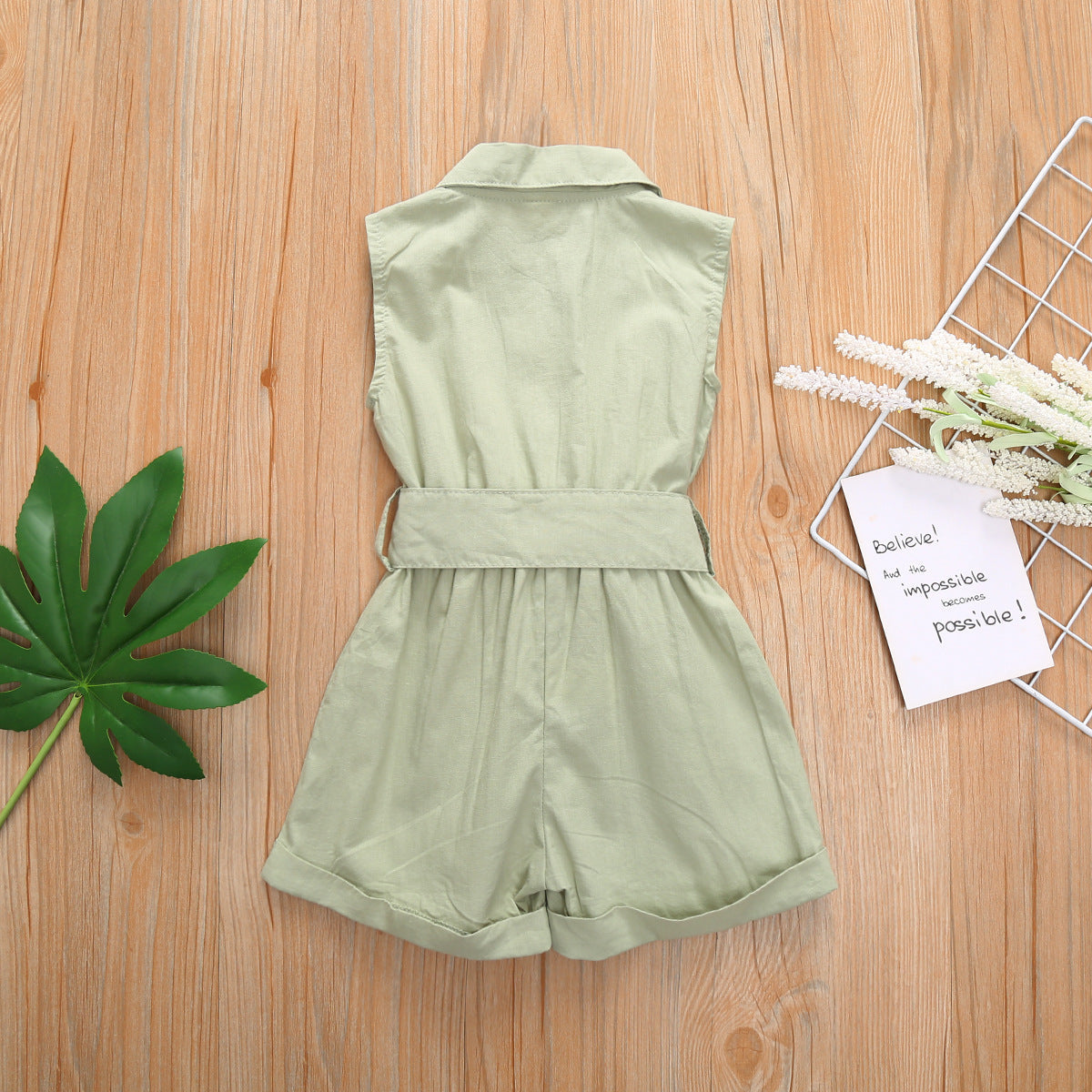 Multicolor Girls' Solid Lapel Sleeveless Single-breasted One-piece Shorts