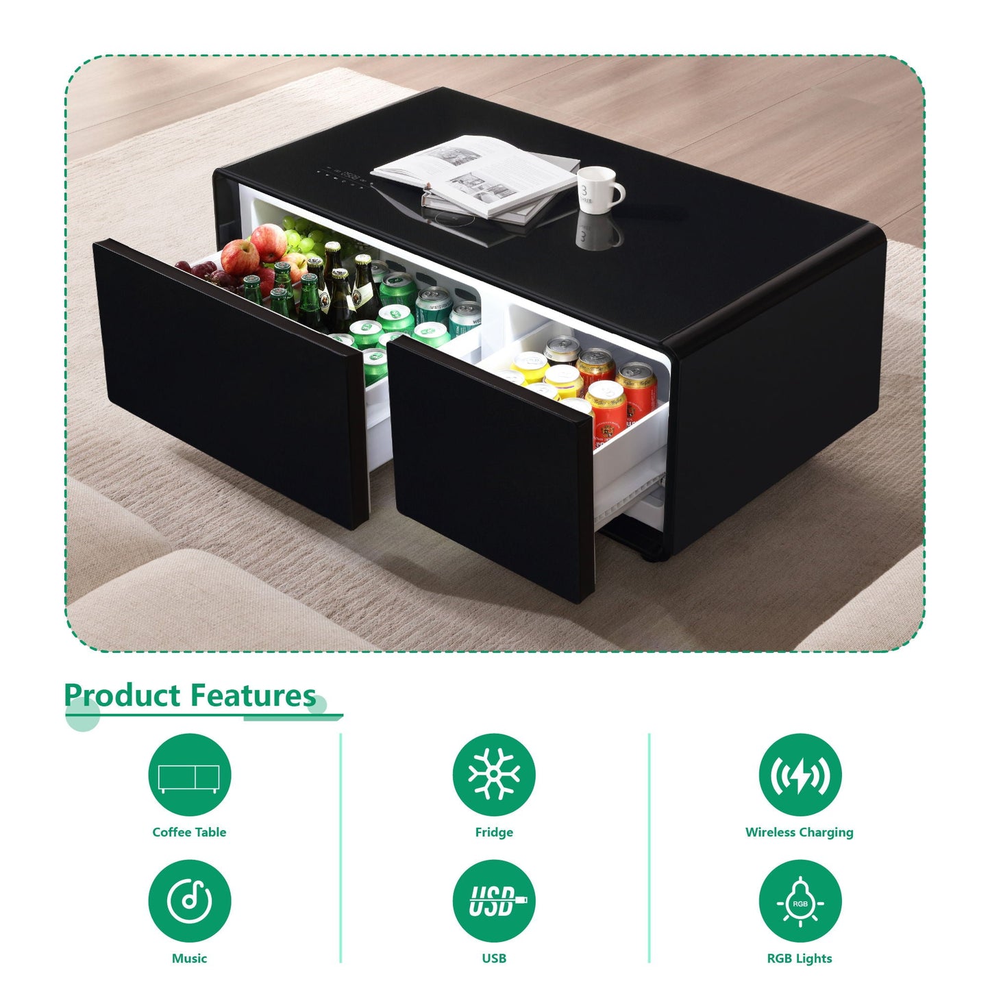 Modern Smart Coffee Table With Built-In Fridge - tooth Speaker, Wireless Charging, Touch Control Panel, USB Interface, Outlet Protection, Atmosphere Light