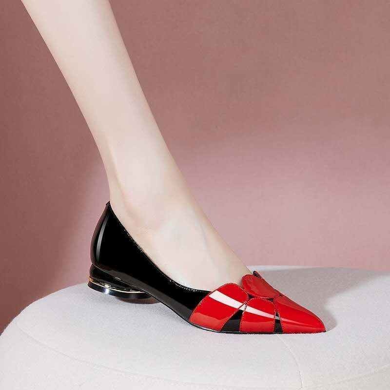 Red thick heel flat soft leather women's shoes