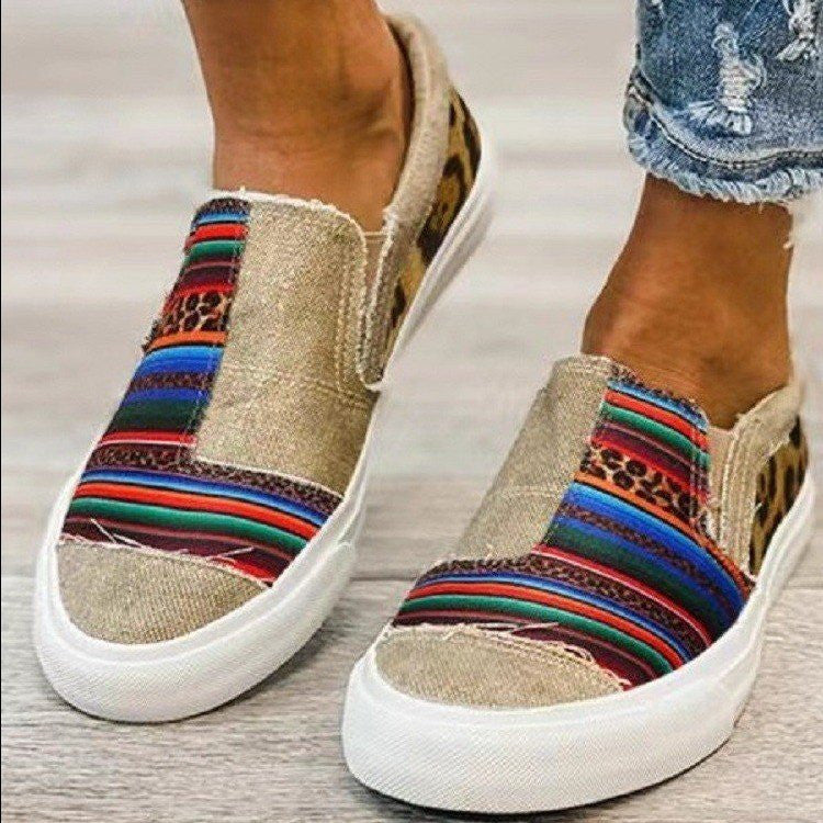 Large Size Women's Shoes Snake Skin Stitching Printed Flat Canvas Shoes Women