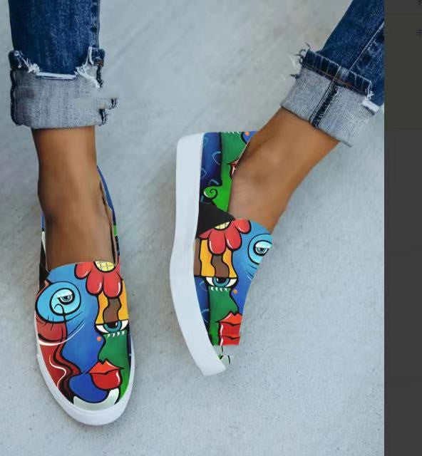 Large Size Women's Shoes Snake Skin Stitching Printed Flat Canvas Shoes Women