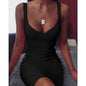 Solid Color Suspender V-Neck Sexy Hip Wrap Dress Camisole Dress For Women Party Club