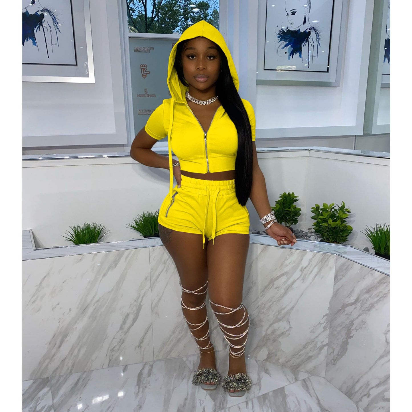 Spring And Summer Hooded Zipper Short-sleeved Shorts Sports Two-piece Suit