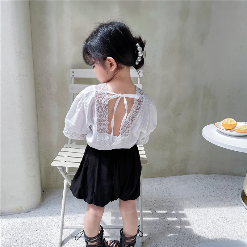 Girls Summer V-neck Back Lace Hollow Lace Puff Sleeve Short Sleeve Baby Shirt  Pumpkin Shorts Two-piece Set