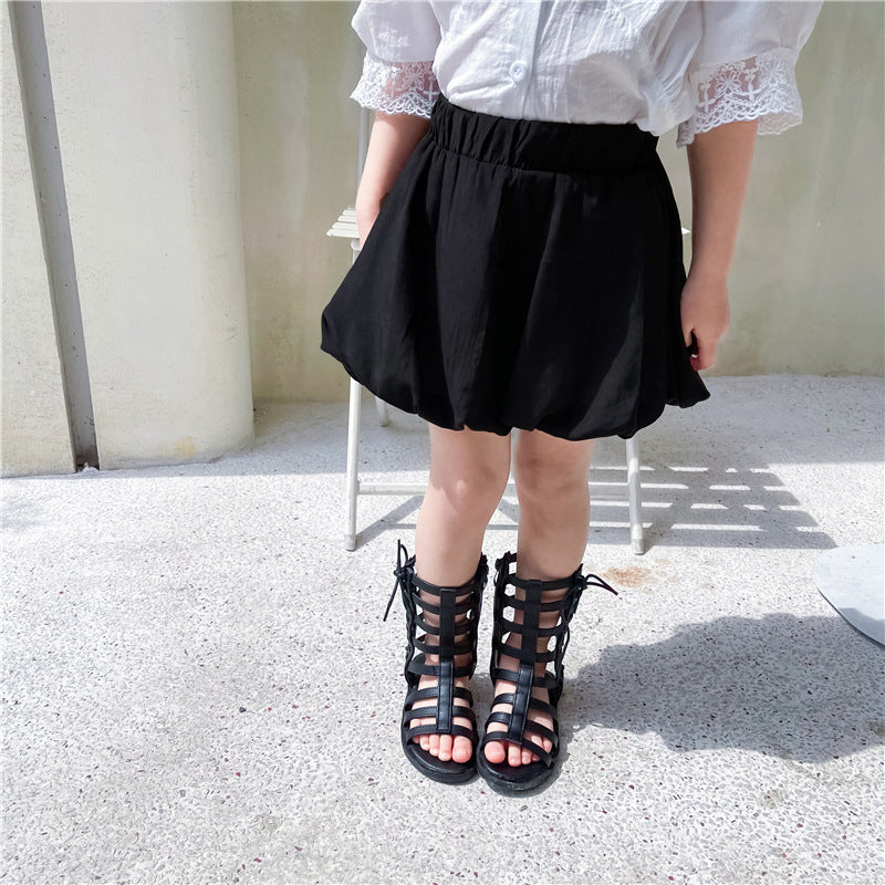 Girls Summer V-neck Back Lace Hollow Lace Puff Sleeve Short Sleeve Baby Shirt  Pumpkin Shorts Two-piece Set